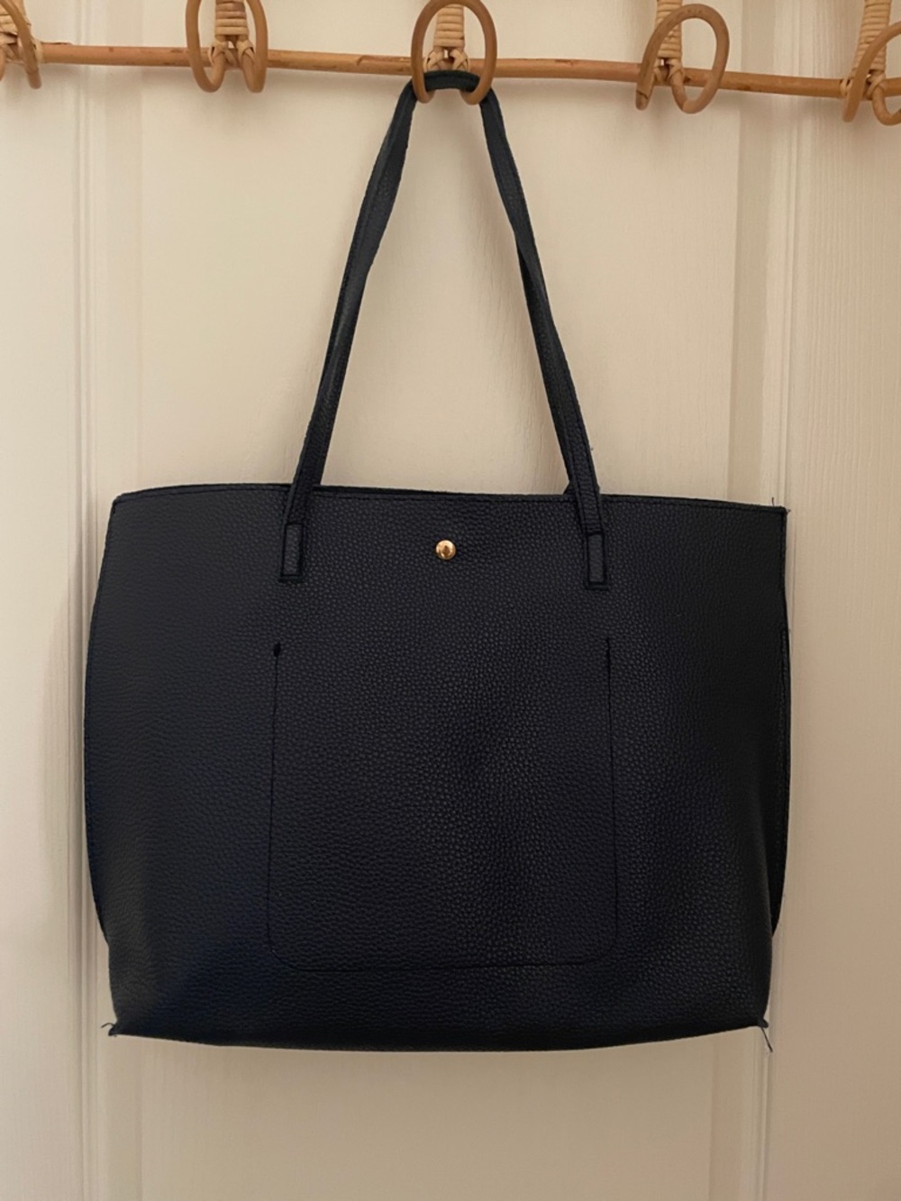 Navy Blue Leather-Textured Tote Bag with Tassel - Picture 2 of 5